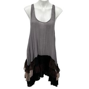 Cecico Ruffle Fairy Rayon Racerback Dress Women's L Grey Tunic Boho Flowy Sheer